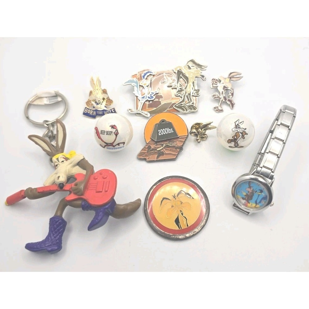 Wile E Coyote & Road Runner Cartoon Character Pins, Key Chain,  Lot of 10 PB5 B